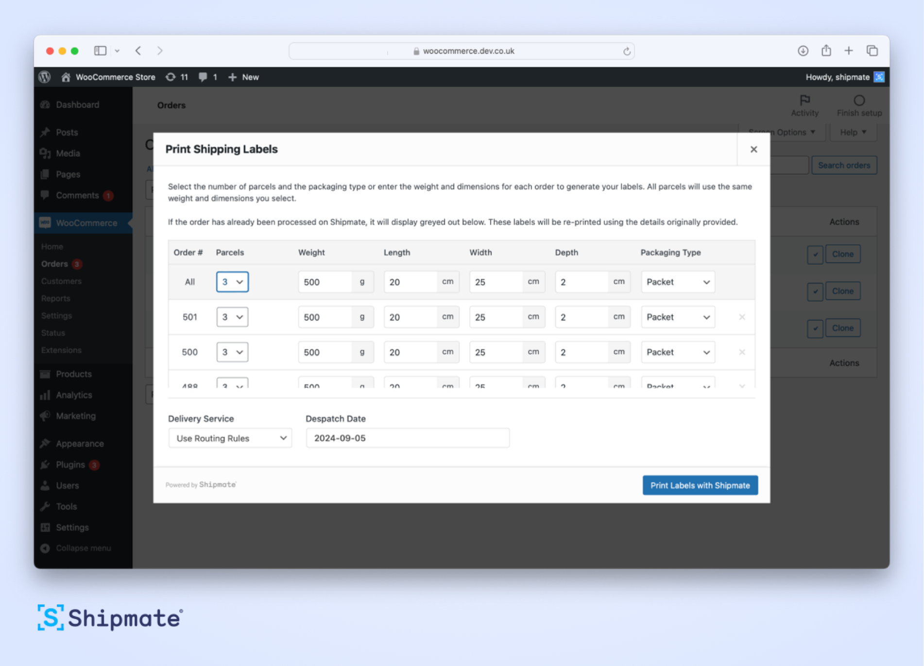 Ship multiple parcels for multiple orders with Shipmate for WooCommerce