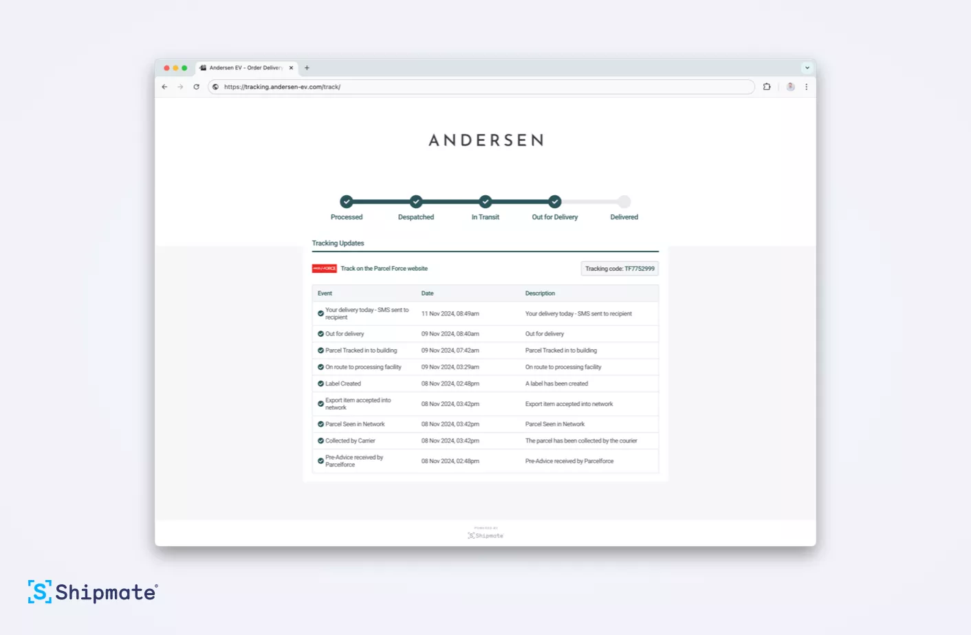 Shipmate Tracking Portal branded for Andersen EV